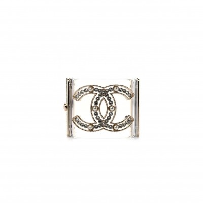 CHANEL CLEAR RESIN & FAUX PEARL CC WIDE CUFF BRACELET 